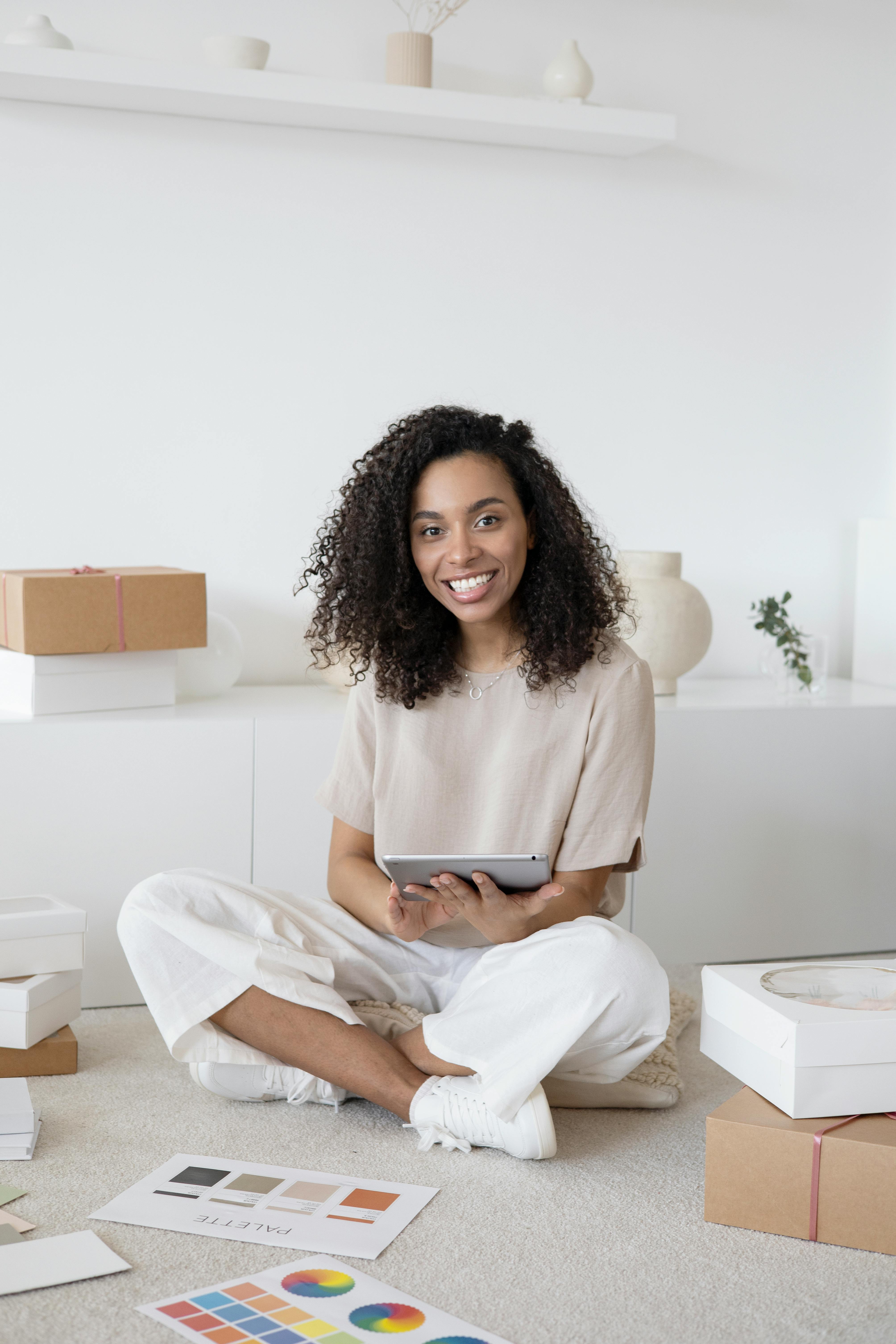 happy woman sitting